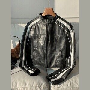 Black Racing Stripe Vegan Leather Moto Jacket with Stand Collar